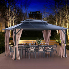 10' X 13' Permanent Hardtop Gazebo, Outdoor Polycarbonate Double Roof Canopy with Breathable Netting & Privacy Curtain