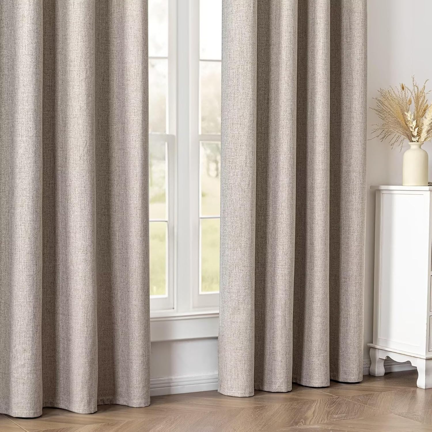 100% Blackout Curtains 2 Panels Set, Beige Curtains, Black Out Thermal Insulated Grommet Drapes