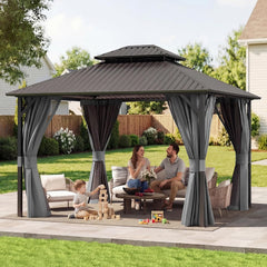 10'x12' Hardtop Gazebo, Metal Gazebo with Galvanized Steel Double Roof, Permanent Patio Pavilion for Dining Parties