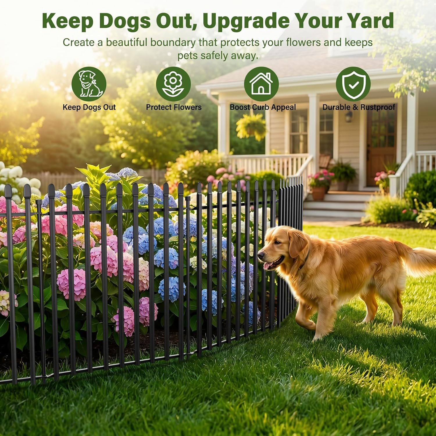 10 Panels No Dig Decorative Garden Fence with Gate, 32in(H) × 22ft(L) Heavy-Duty Rustproof Metal Panels, Outdoor Dog