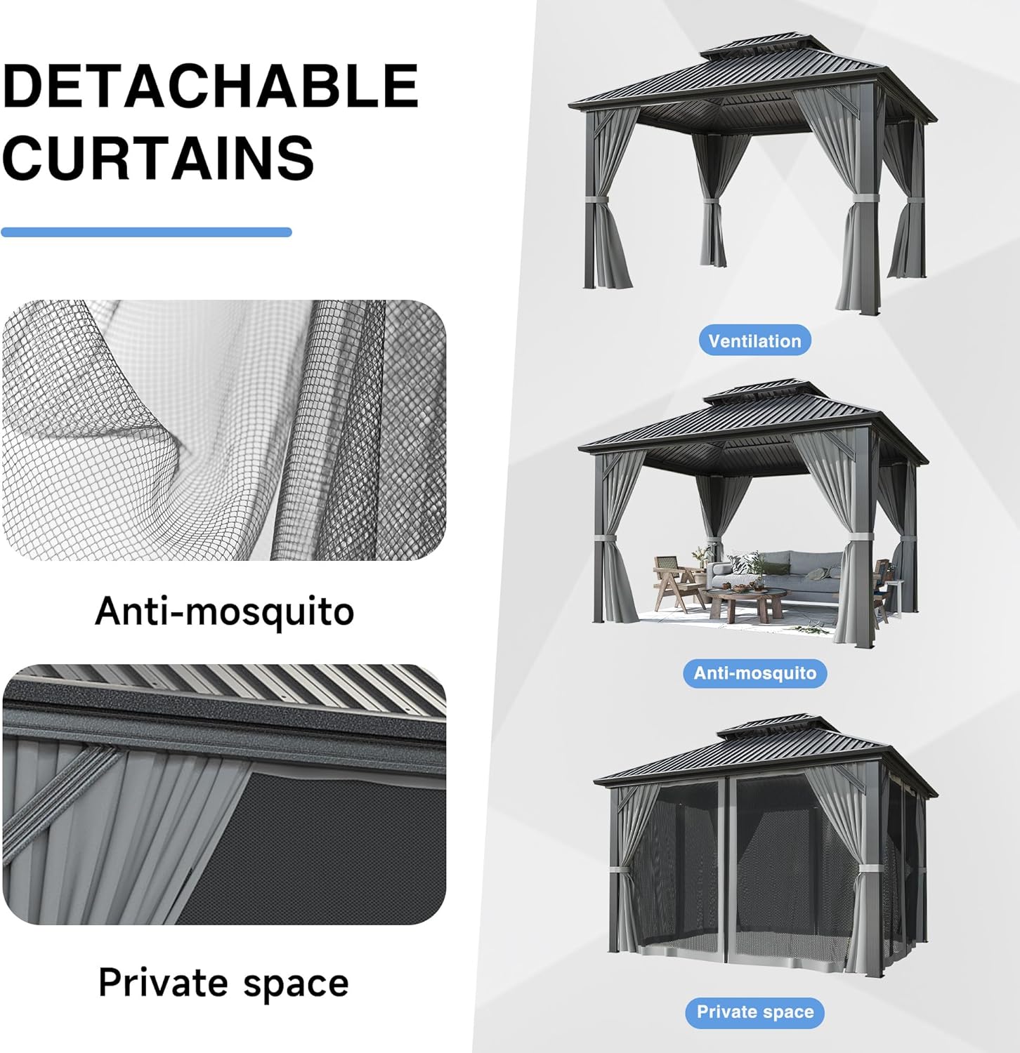 10'x12' Gazebo Hardtop Gazebo, Aluminum Frame Pergola with Double Galvanized Steel Roof