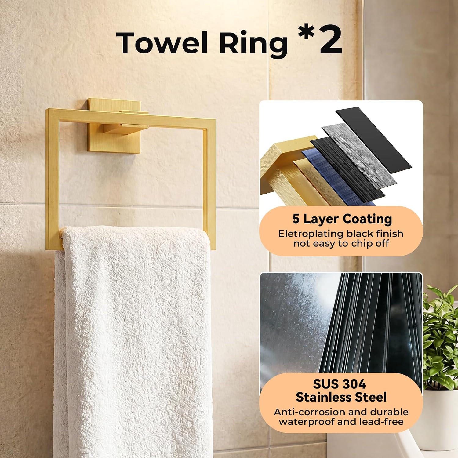 10-Piece Brushed Gold Bathroom Hardware Set SUS304 Stainless Steel, 2×23.6" Towel Bars, 2 Towel Rings, 2 Toilet Paper