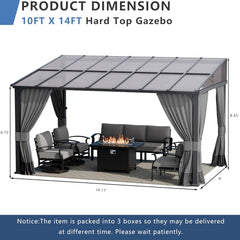 10'x 14' Outdoor Hardtop Pergola,Wall Mounted Lean to Gazebo with Curtains and Netting,Galvanized Metal
