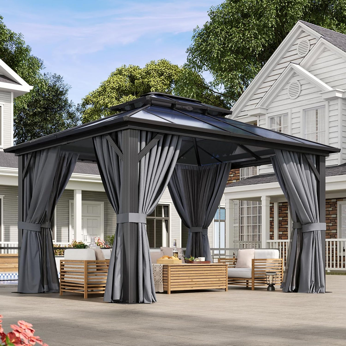 10'x12' Hardtop Gazebo, Metal Frame Permanent Pavilion with Curtains and Netting