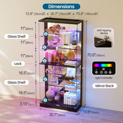10-Tier Glass Display Cabinet with RGB Light and Motion Sensor,Black | 71''H Lockable Curio Cabinet with Glass