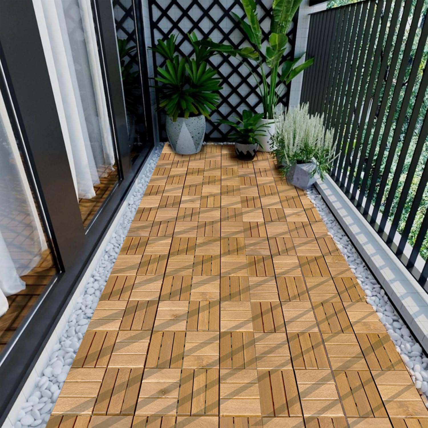 10 Pcs Outdoor Interlocking Deck Tiles, 12"x12" Acacia Wood Tiles for Patio, Porch, Balcony & Poolside, Checker