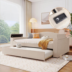 & Bright Designs Upholstered Daybed with Trundle, Full Size Day Bed Frame with Storage Armrests, USB Ports and
