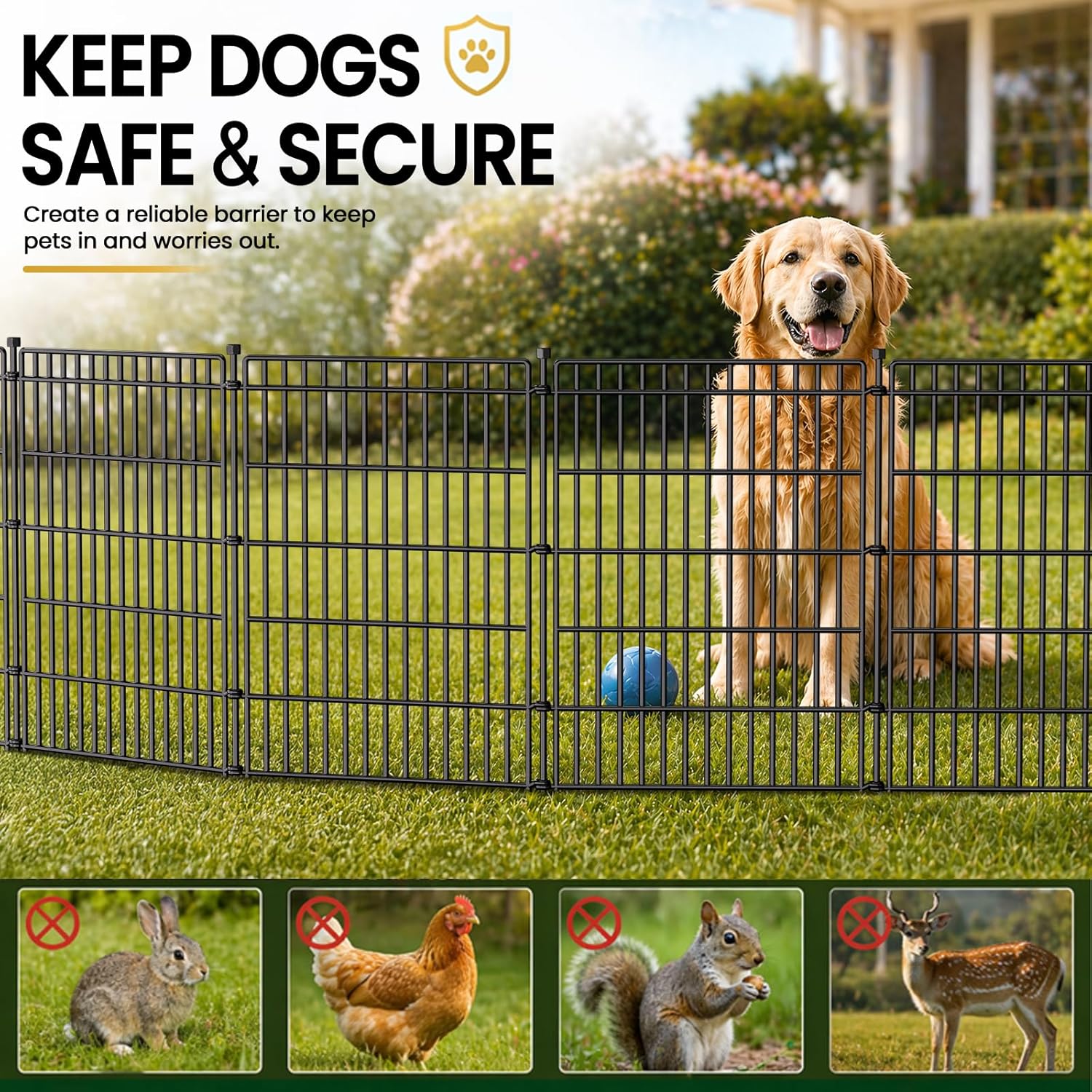 10 Panels No Dig Garden Fence with Gate, 34in(H) × 22.5ft(L) Decorative Metal Outdoor Dog Fence, Rustproof Pet