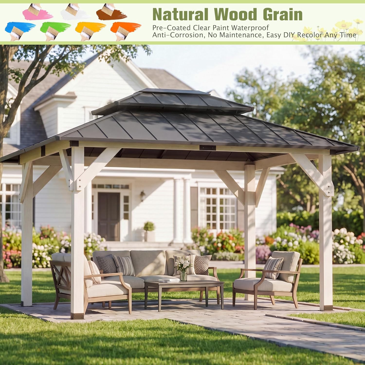 10' x 12' Wooden Gazebo,Patio Hardtop Gazebo Wood,DIY Color Permanent Pavilion with Galvanized Steel Double Metal Roof