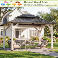 10' x 12' Wooden Gazebo,Patio Hardtop Gazebo Wood,DIY Color Permanent Pavilion with Galvanized Steel Double Metal Roof