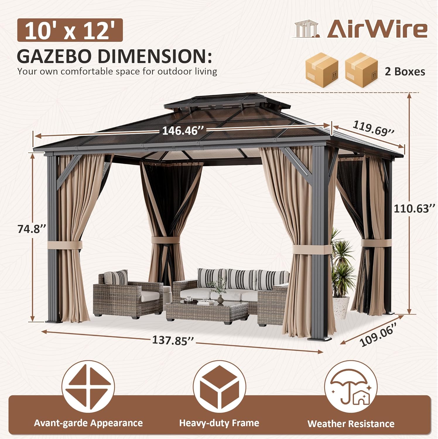 10'x12' Aluminum Polycarbonate Roof Gazebo Brown | Outdoor Hardtop Pergola with Aluminum Frame, Curtains and Netting
