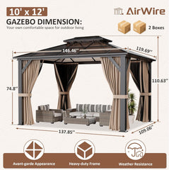 10'x12' Aluminum Polycarbonate Roof Gazebo Brown | Outdoor Hardtop Pergola with Aluminum Frame, Curtains and Netting