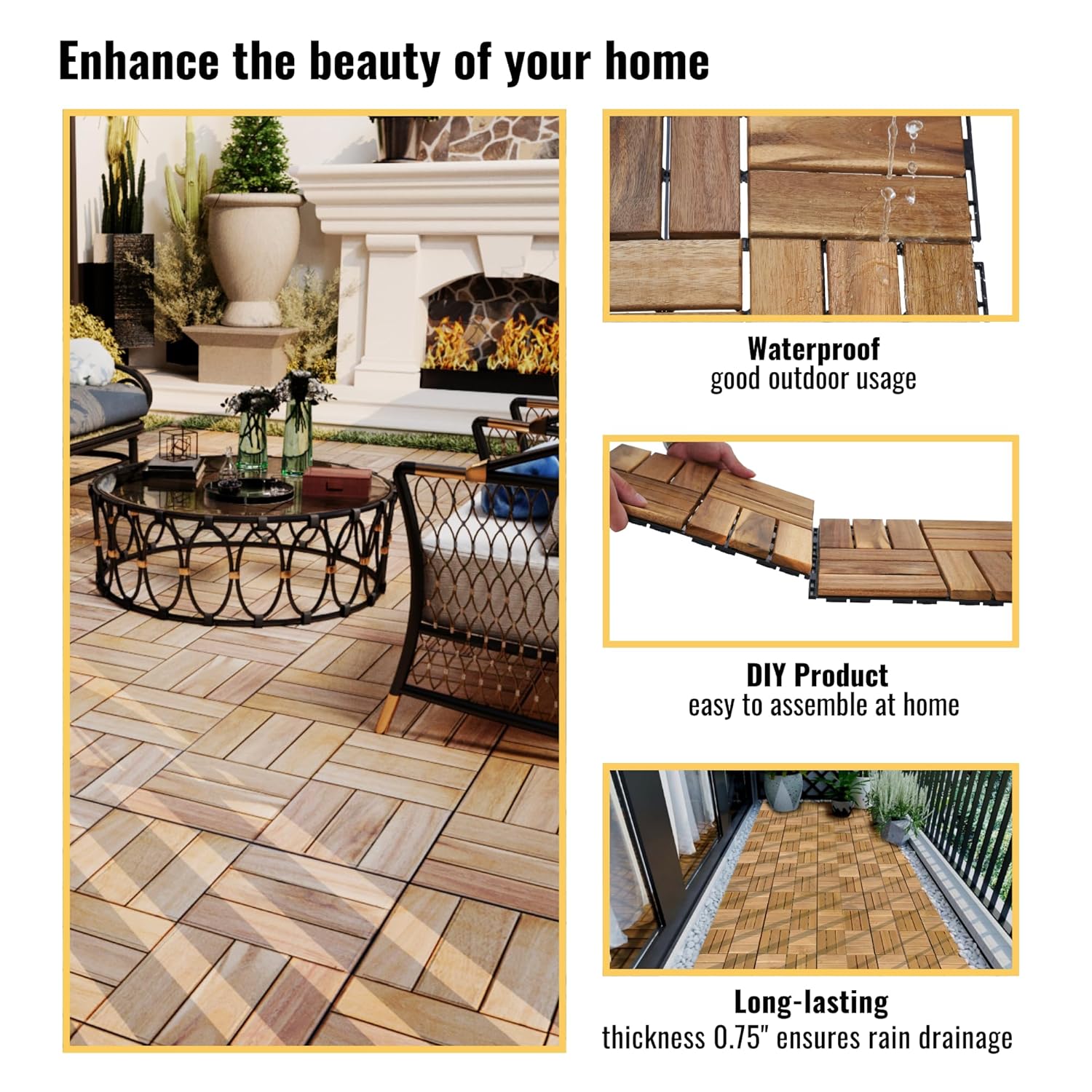 10 Pcs Outdoor Interlocking Deck Tiles, 12"x12" Acacia Wood Tiles for Patio, Porch, Balcony & Poolside, Checker