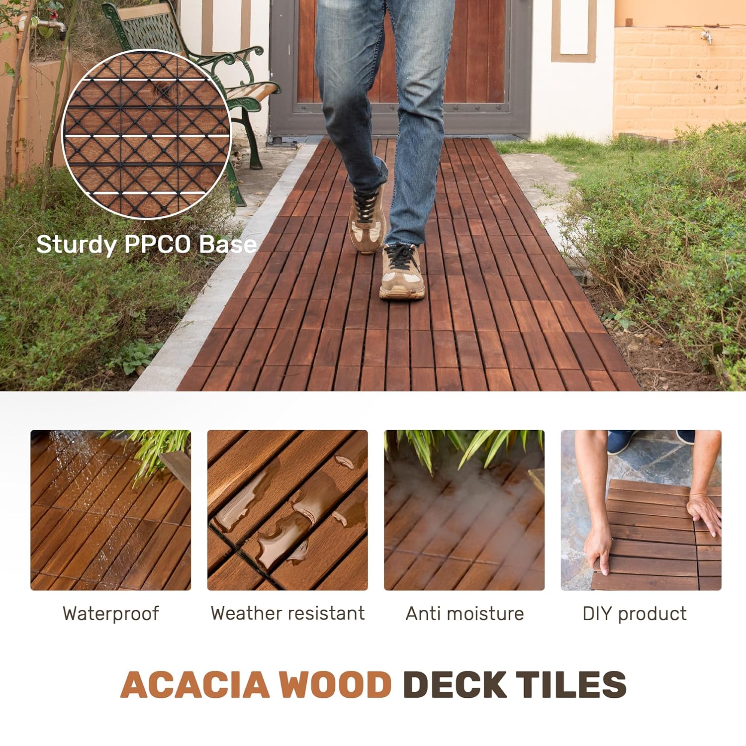 10 Pack Acacia Wood Interlocking Deck Tiles, 12x12 Outdoor Flooring, Non-Slip & Weather Resistant, Easy DIY Patio Tiles