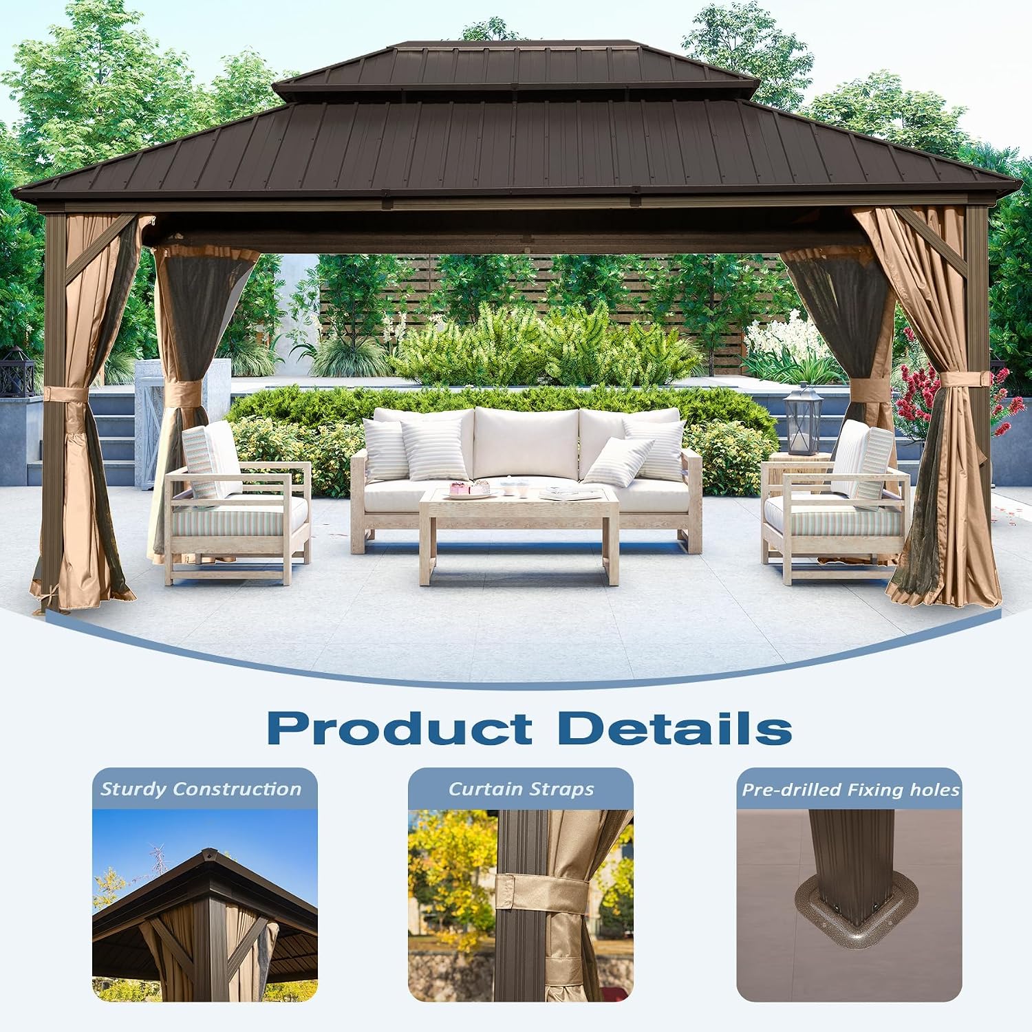 10' x 14' Hardtop Gazebo, Outdoor Metal Gazebo for Patios with Galvanized Steel Double Roof