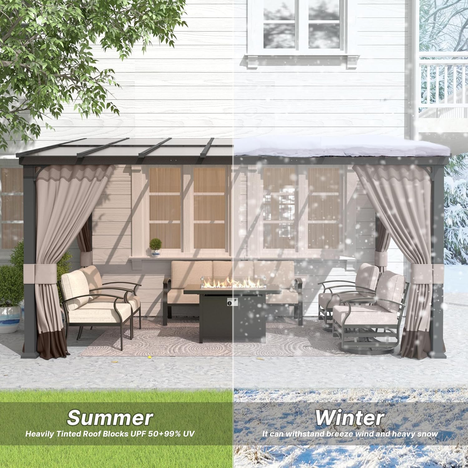 10 FT x 12 FT Lean to Gazebo, 3 in 1 Outdoor Gazebo with Sloped Roof