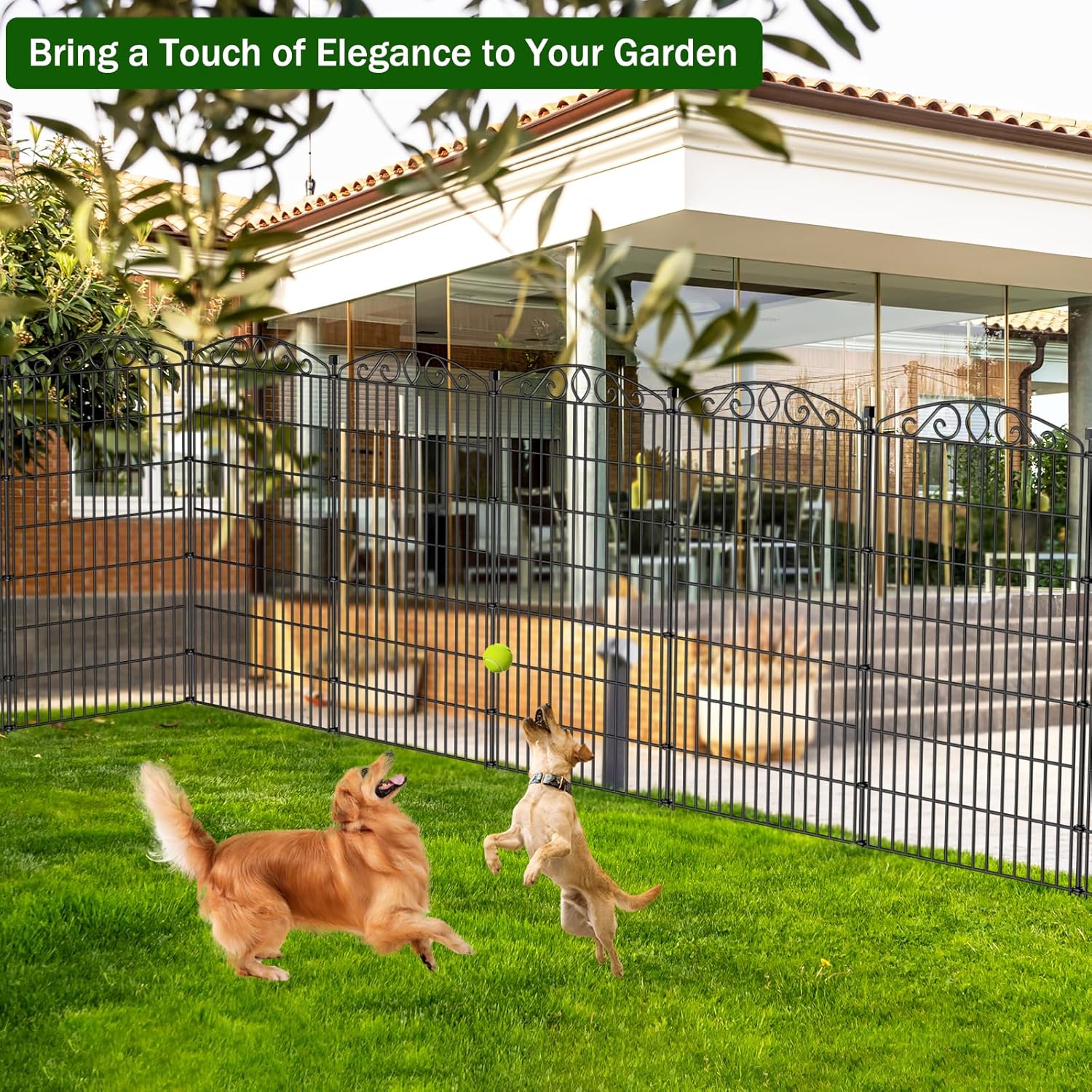10 Panel No Dig Decorative Garden Fence - 48in H x 22.6 ft L, Tall Animal Barrier for Dogs Rabbits, Rustproof Metal