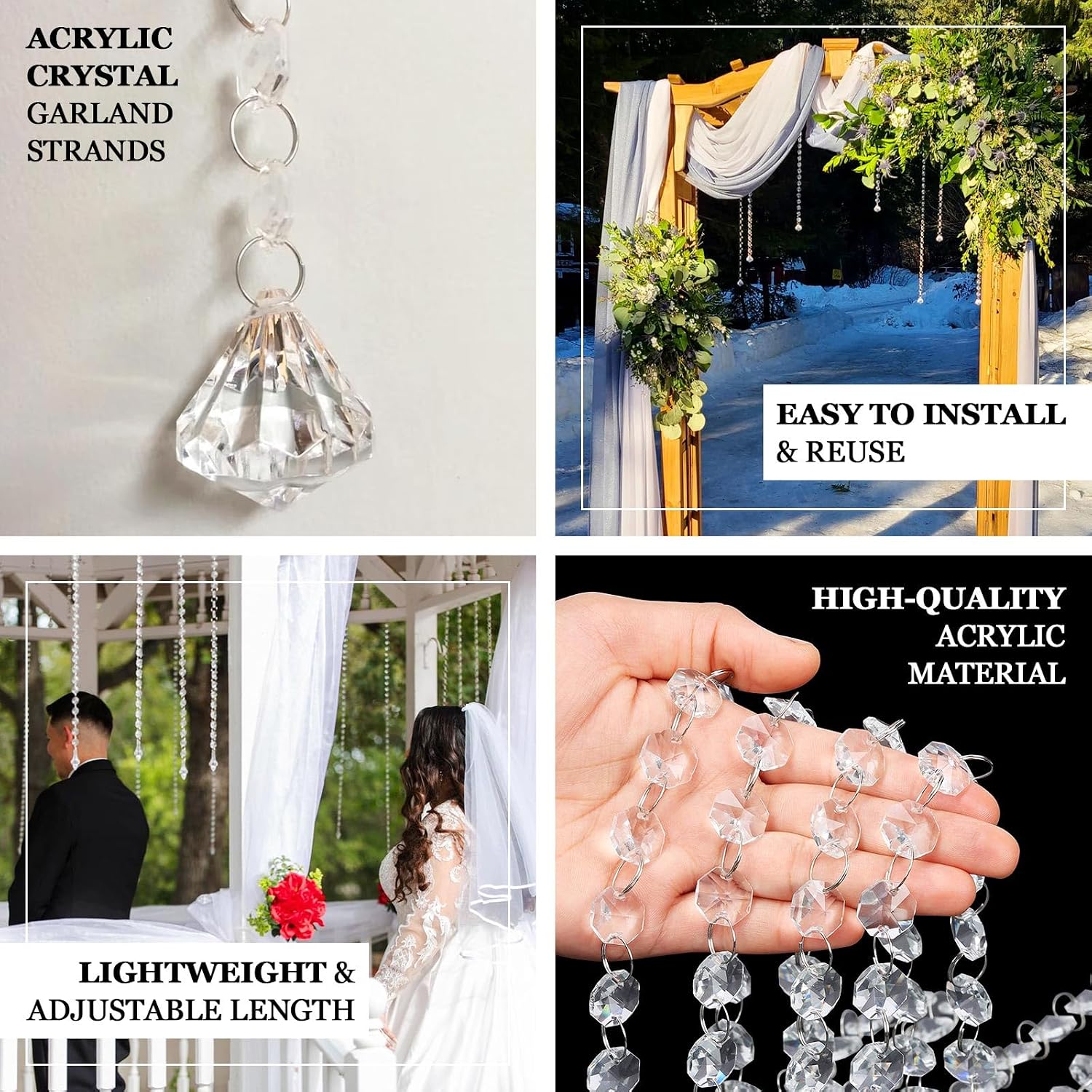10 Pack 2ft Octagon Acrylic Crystal Beaded Garland Strands with Diamond Prism Pendant - 24" Hanging Chandelier Beads