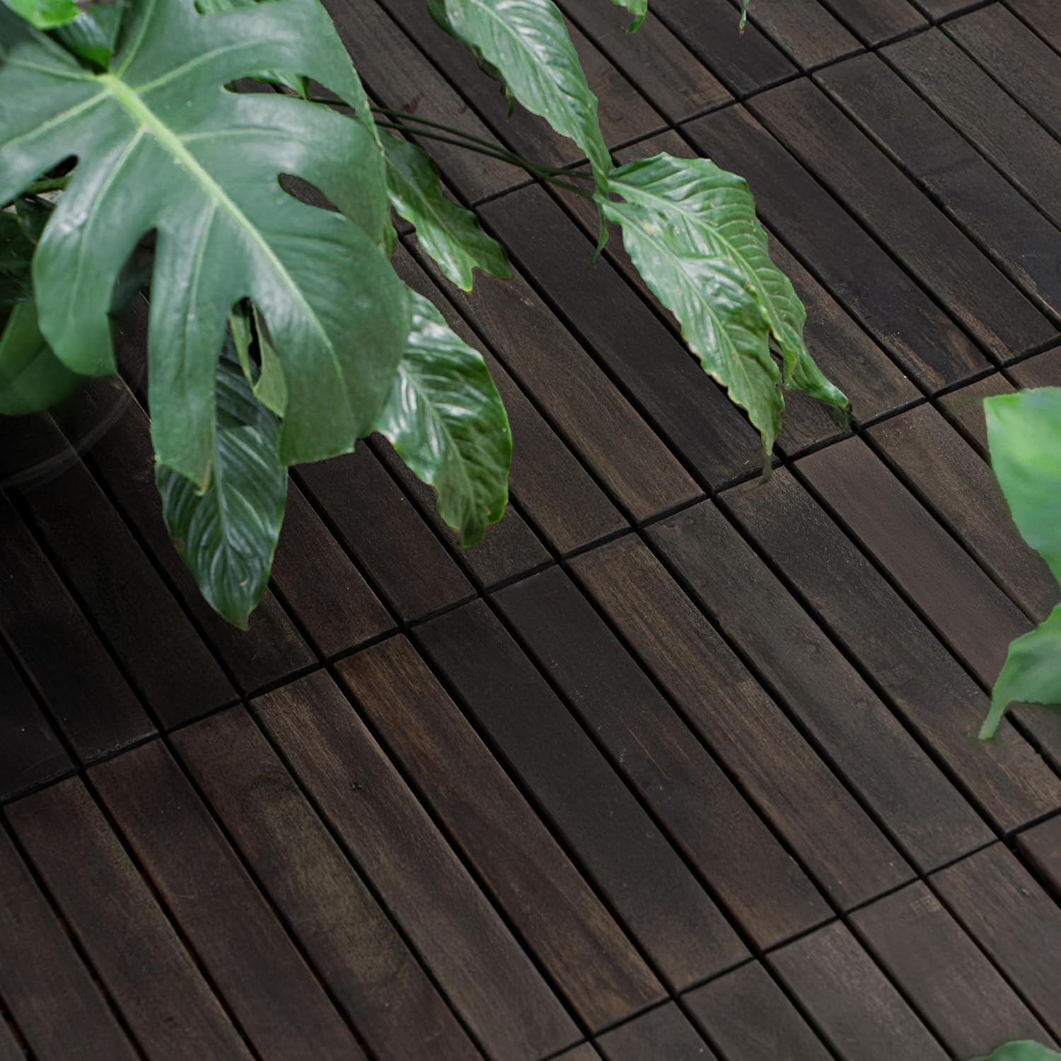 10 Pack of Interlocking Deck Tiles Striped Pattern, 12" x 12" Dark Brown Square Acacia Hardwood Outdoor Flooring for Patio, Bancony, Pool Side,...
