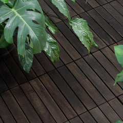10 Pack of Interlocking Deck Tiles Striped Pattern, 12" x 12" Dark Brown Square Acacia Hardwood Outdoor Flooring for Patio, Bancony, Pool Side,...