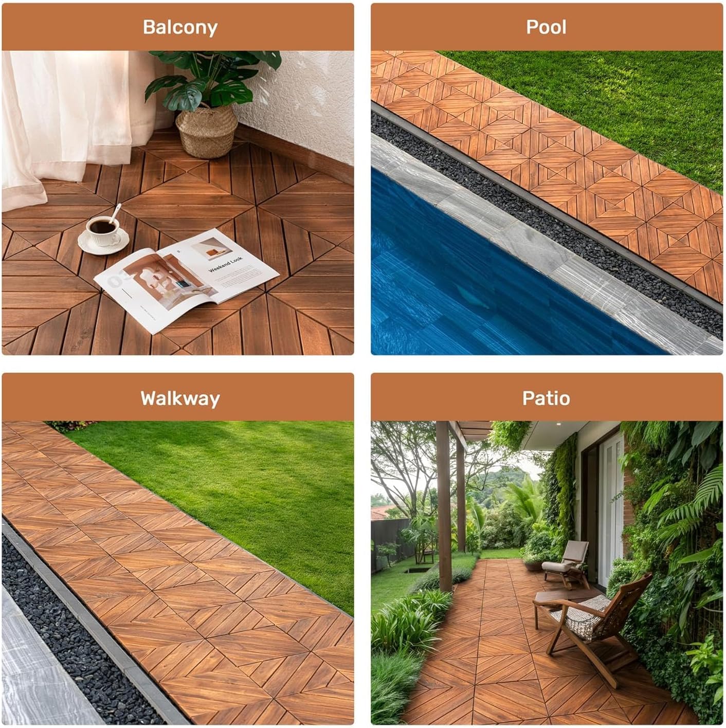 10 PCS Interlocking Deck Tiles, 12" x 12" Acacia Wood Patio Tiles with Diagonal Pattern, Weather-Resistant Snap