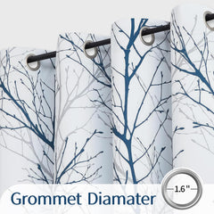 100% Blackout Curtains, Blue White Tree Curtains, Grey Farmhouse Room Darkening Window Curtains