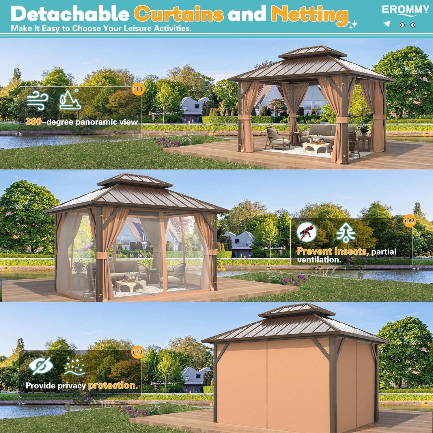 10'x12' Gazebo Hardtop, Galvanized Steel Double Roof Metal Gazebo with Aluminum Frame
