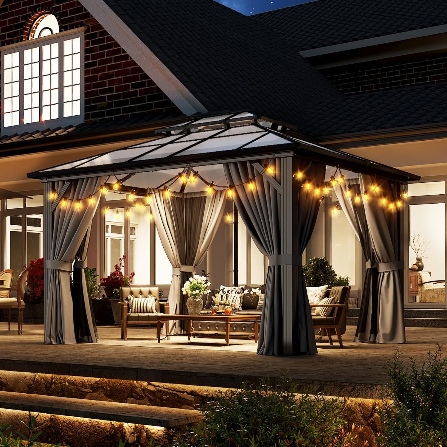10'x12' Hardtop Gazebo, Metal Frame Permanent Pavilion with Curtains and Netting