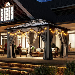 10'x12' Hardtop Gazebo, Metal Frame Permanent Pavilion with Curtains and Netting