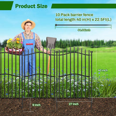 10 Panels No Dig Decorative Garden Fence with Gate - 40in H x 22.5ft L, Duty Square-Tall Heavy Duty Square Tube