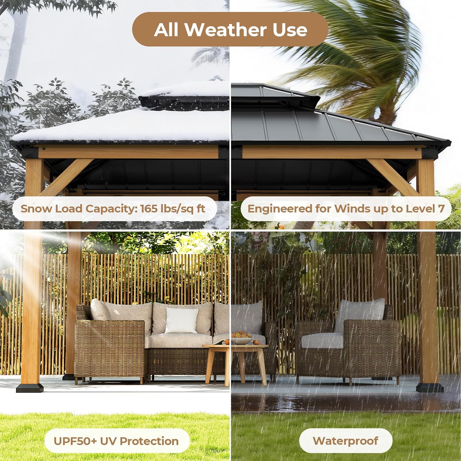 10' X 12' Wood Gazebo Hardtop Outdoor Permanent Pavilion with Double Galvanized Steel Roof Snow Support