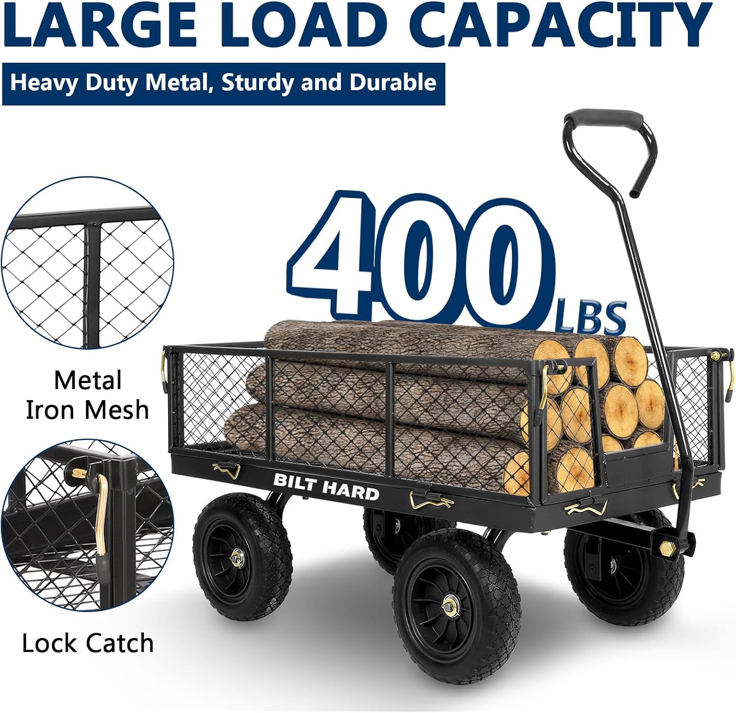 10" Flat Free Tires Heavy Duty Garden Cart with 180° Rotating Handle and Removable Sides, 4 Cu.Ft 400 lbs Capacity