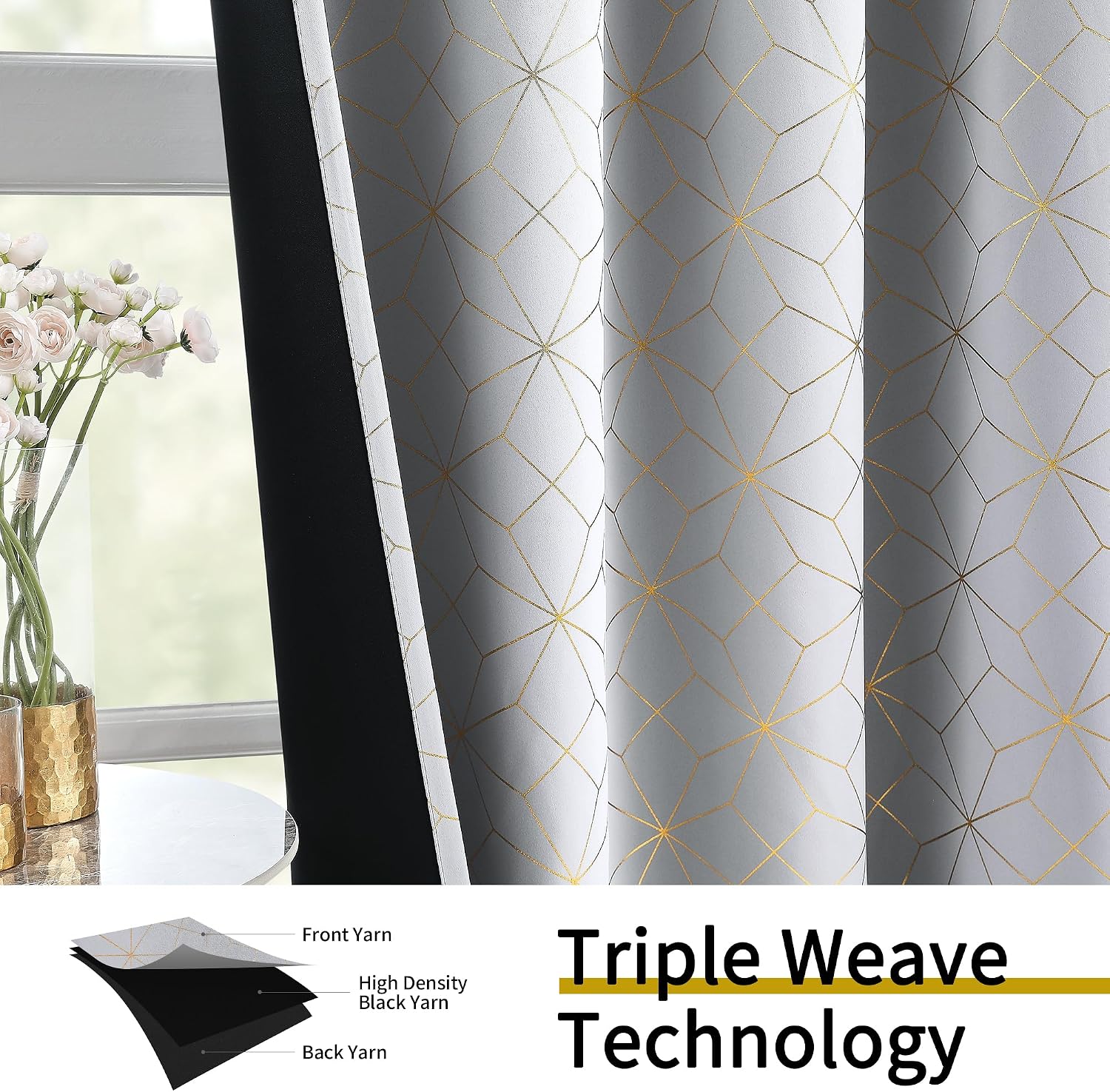100% Blackout Curtains for Bedroom Living Room Moroccan Gold Patterned Drapes Thermal Insulated