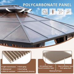 10'x12' Aluminum Polycarbonate Roof Gazebo Brown | Outdoor Hardtop Pergola with Aluminum Frame, Curtains and Netting