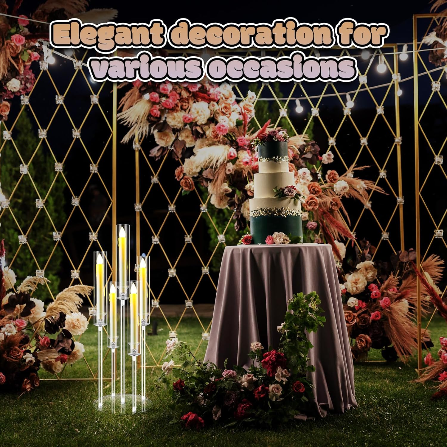 1 Set 5 Arm Acrylic Candelabra Holder Floor Clear Candle Centerpieces with LED Candles and Shade for Proposal