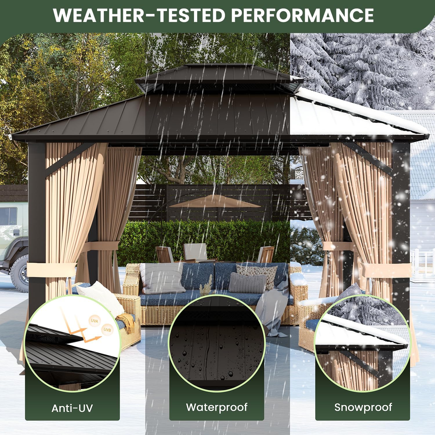 10'x12' Hardtop Gazebo, Galvanized Steel Double Roof Canopy with Heavy-Duty Steel Frame