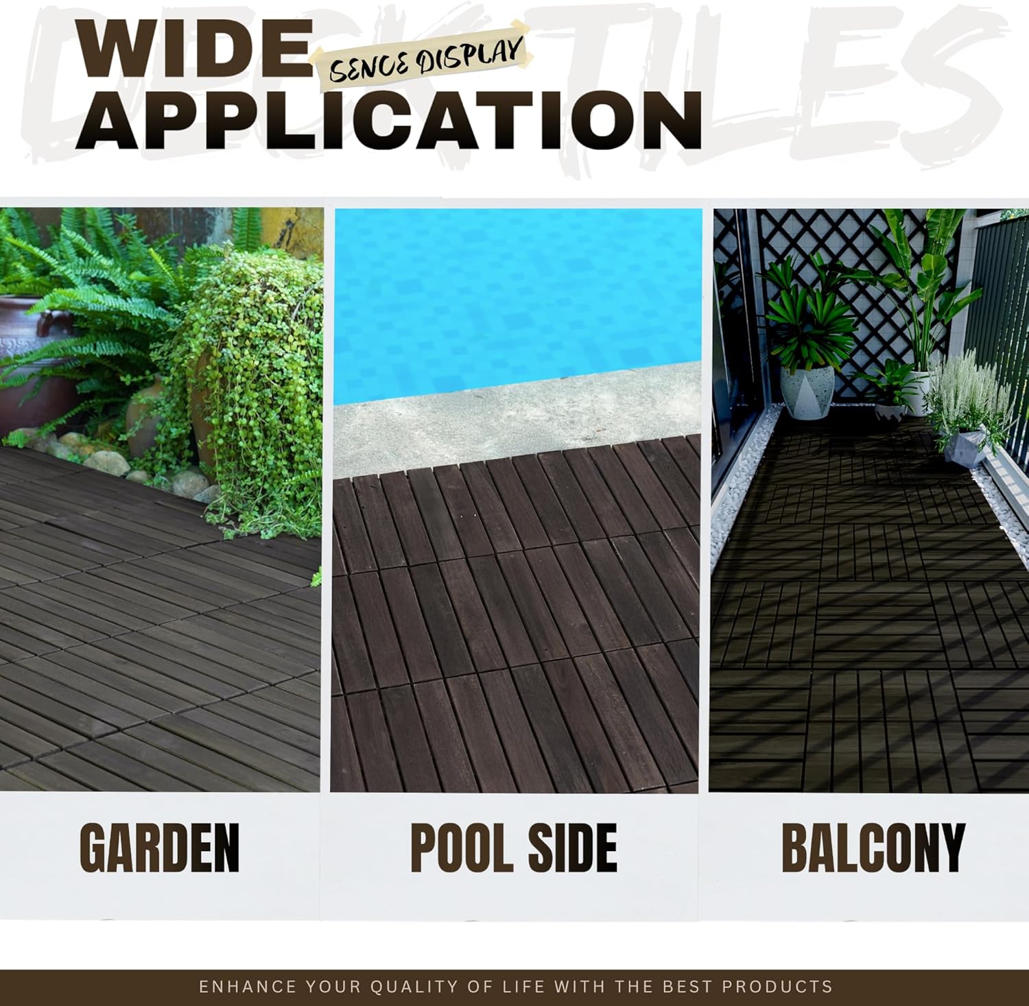 10 Pack of Interlocking Deck Tiles Striped Pattern, 12" x 12" Dark Brown Square Acacia Hardwood Outdoor Flooring for Patio, Bancony, Pool Side,...