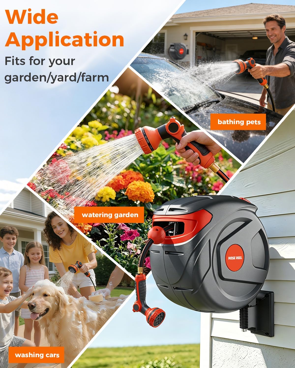 100 FT 1/2 Inch Retractable Garden Hose Reel Wall-Mounted 180° Swivel 9-Patern Nozzle Automatic Slow Return Any