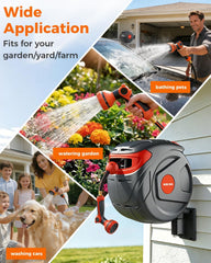 100 FT 1/2 Inch Retractable Garden Hose Reel Wall-Mounted 180° Swivel 9-Patern Nozzle Automatic Slow Return Any