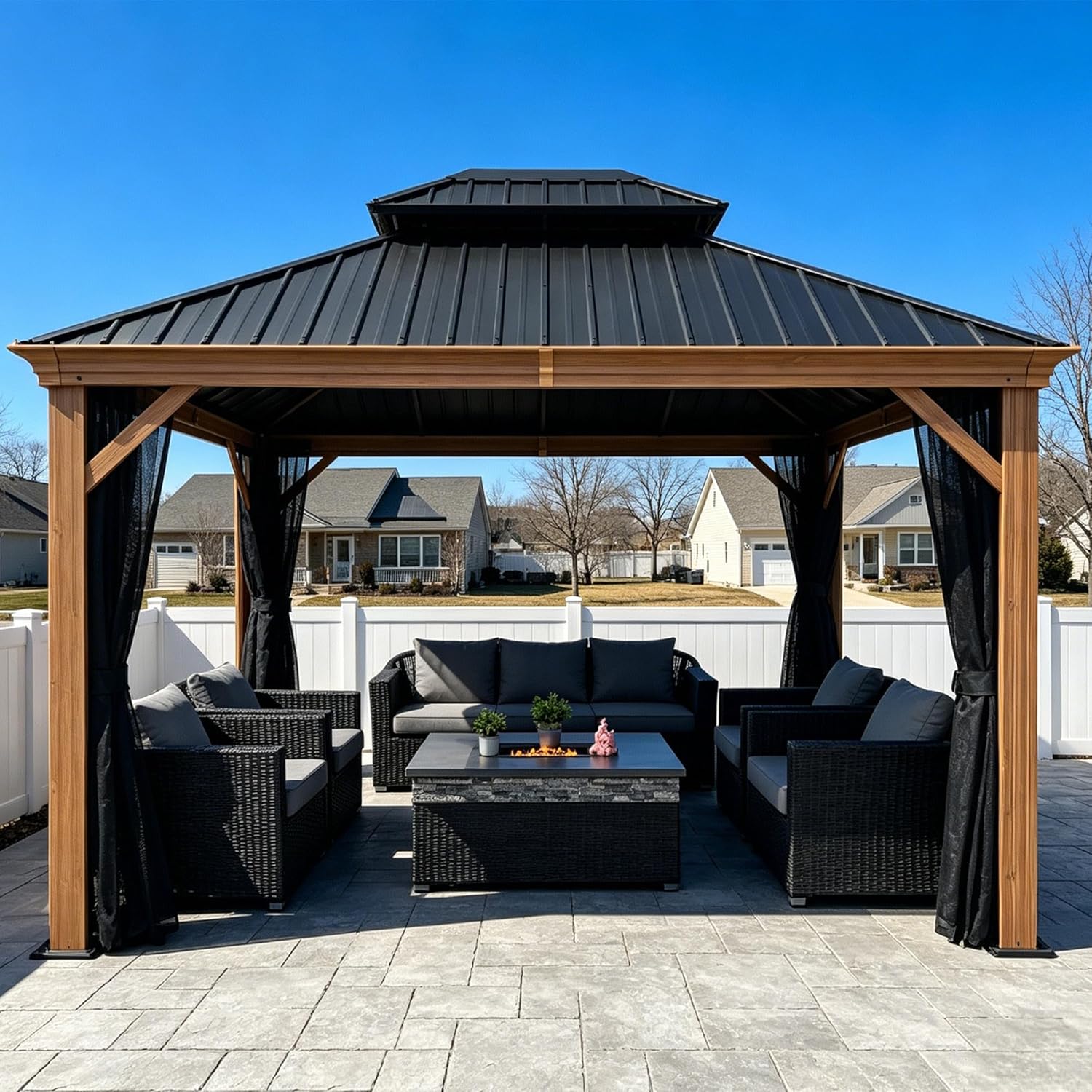 10' X 12' Outdoor Hardtop Gazebo Galvanized Steel Double Roof Permanent Canopy Teak Finish Coated Aluminum Frame