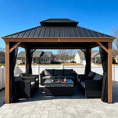 10' X 12' Outdoor Hardtop Gazebo Galvanized Steel Double Roof Permanent Canopy Teak Finish Coated Aluminum Frame