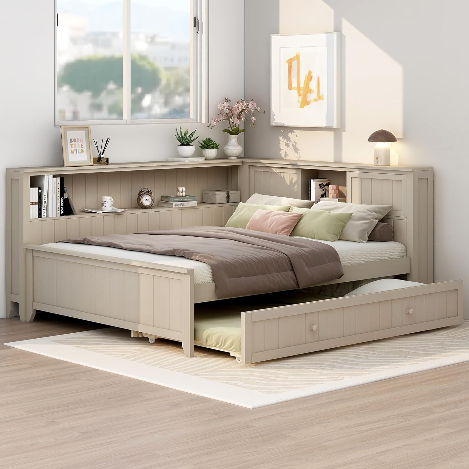 & Bright Designs Full Size Daybed with Trundle and Shelves, Wood Corner Bed Frame with Bookcase and Headboard for