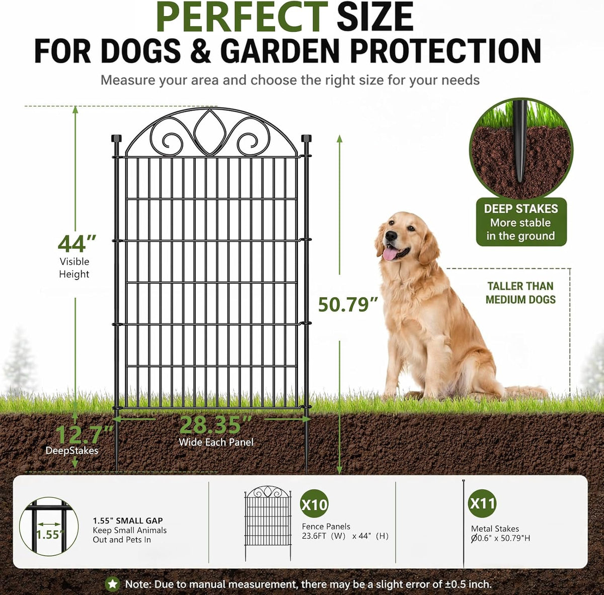 10 Panels No Dig Tall Garden Fence with Gate - 44" H X 23.6' L Rustproof Metal Dog Fence Outdoor for Yard, Decorative