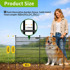 10 Panels No Dig Garden Fence with Gate, 40 in(H) X 24.2 ft(L) Metal Fence Panels, Thickened Rustproof Garden Fencing