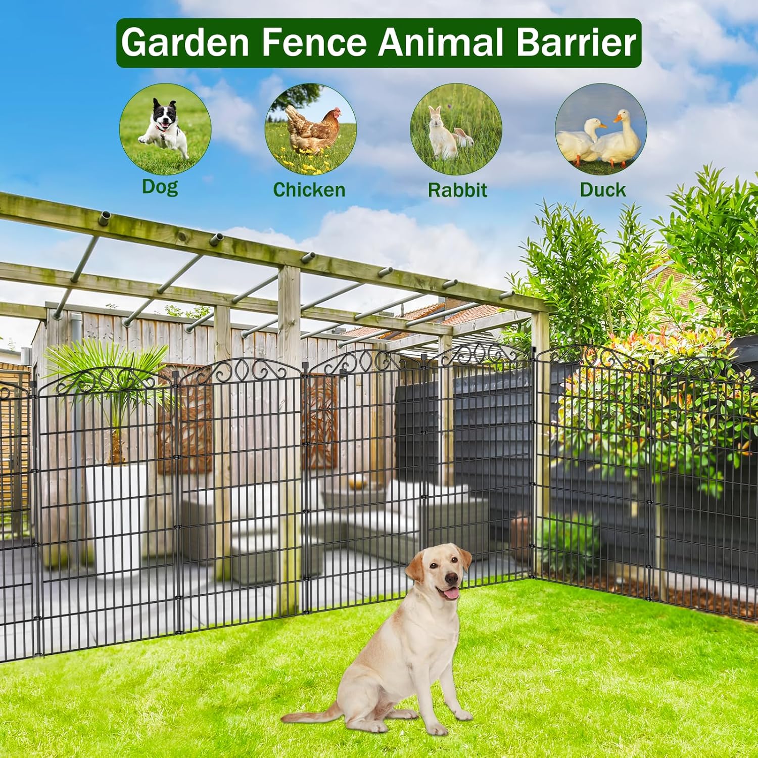 10 Panel No Dig Decorative Garden Fence - 48in H x 22.6 ft L, Tall Animal Barrier for Dogs Rabbits, Rustproof Metal