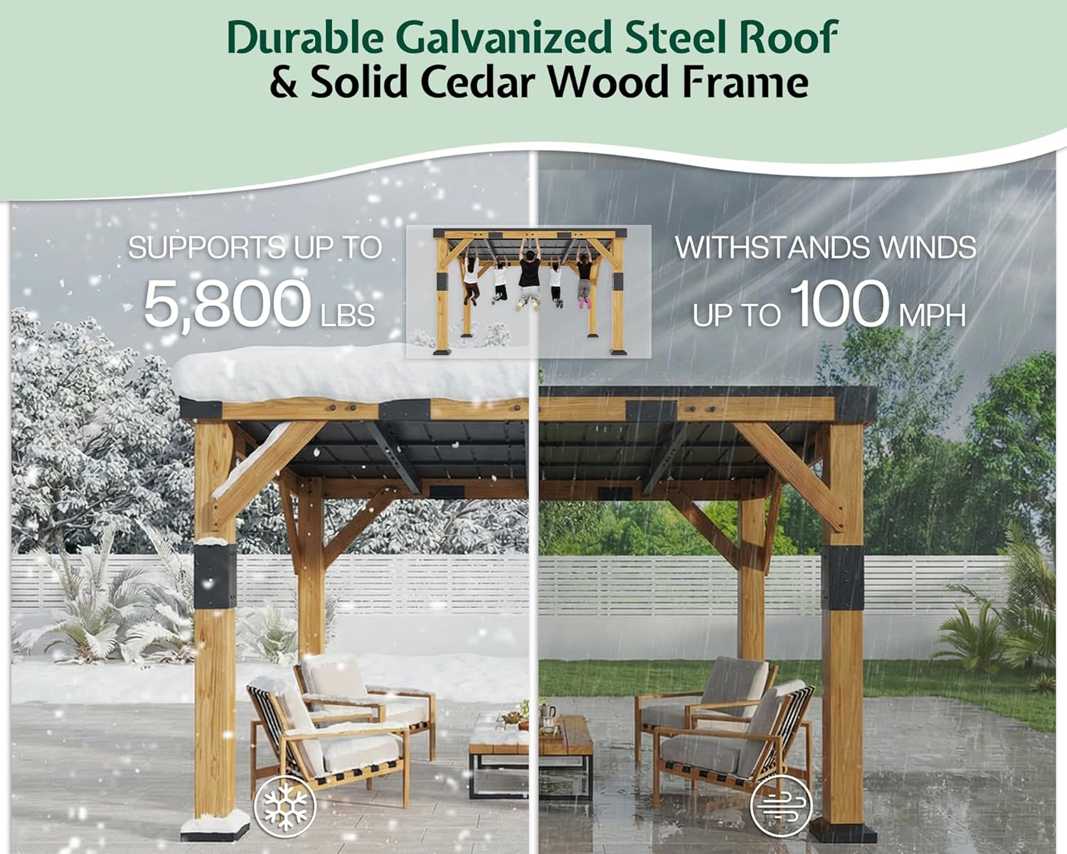10' x 12' Cedar Wood Gazebo with Sloped Galvanized Steel Roof, Hardtop Gazebo Pavilion with Durable