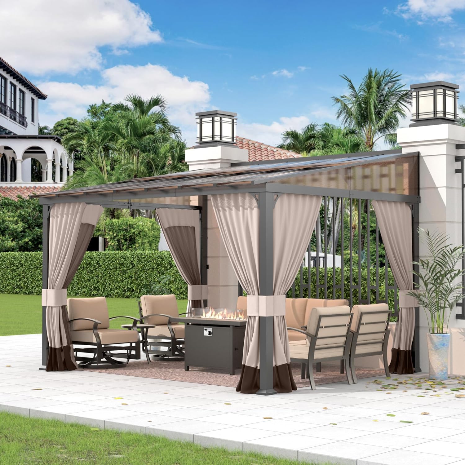 10 FT x 12 FT Lean to Gazebo, 3 in 1 Outdoor Gazebo with Sloped Roof