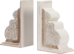 1 Pair Rustic Handmade Distressed White Wood Bookends, Carved Pattern | Unique Decorative Heavy Book Holder