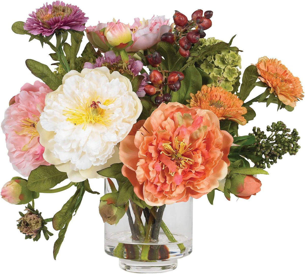 10 in Artificial Peony Arrangement in Glass Vase | Mixed Peony Faux Flower Blooms, Liquid Illusion Water in Glass
