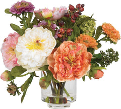10 in Artificial Peony Arrangement in Glass Vase | Mixed Peony Faux Flower Blooms, Liquid Illusion Water in Glass